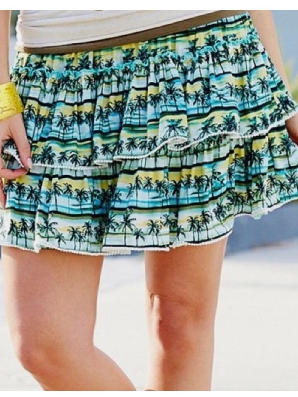 Matilda Jane Tropical Palm Tree Tiered Ruffle Mini Skirt Blue Yellow S
